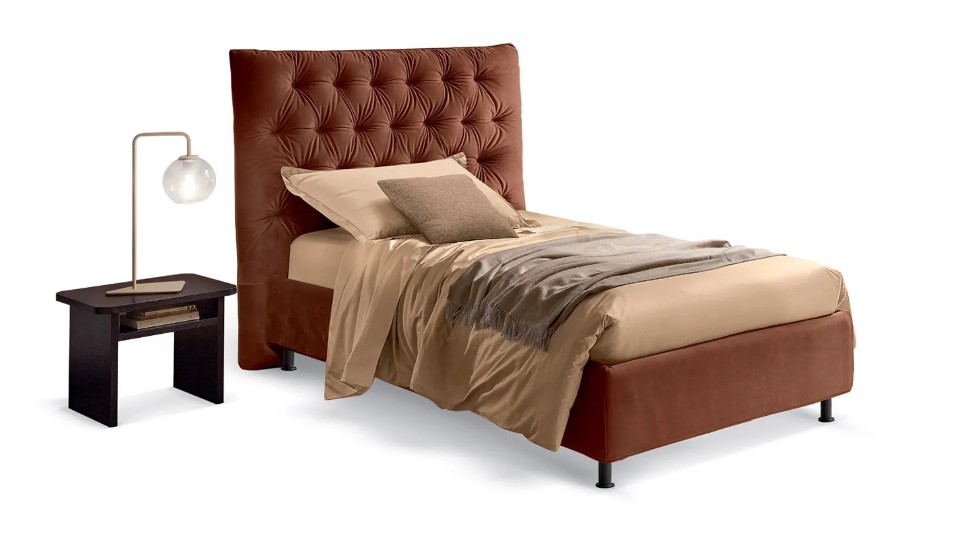 Letto singolo classico rivisitato in chiave moderna con testiera decorata con imbottitura capitonné Artemide di Rosini Night